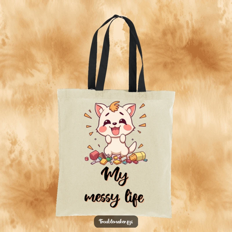 Funny tote bag illustrating a happy animal character enthusiastically creating small, chaotic messes, embodying playful and funny disarray.
