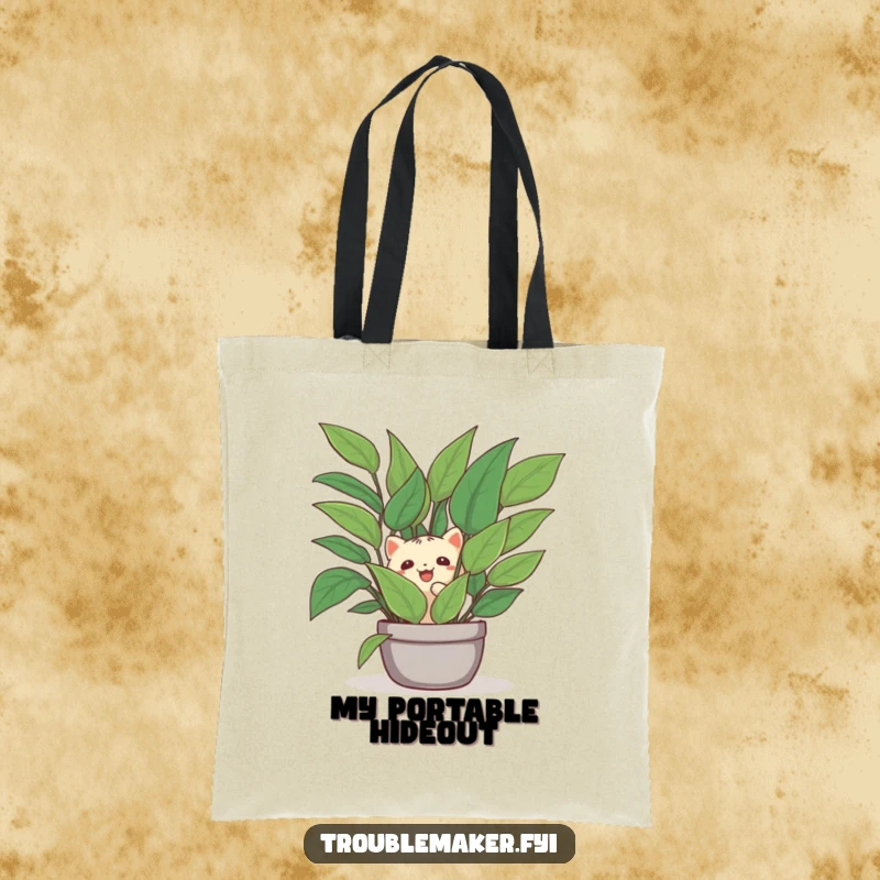 Funny tote bag showing a creature hiding playfully behind a large houseplant, a humorous depiction of seeking comfort in nature.