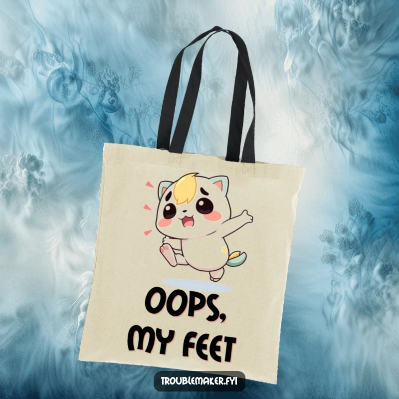 Funny Tote Bag showcasing a troublemaker character hilariously stumbling, perfect for carrying groceries or your sense of humor.