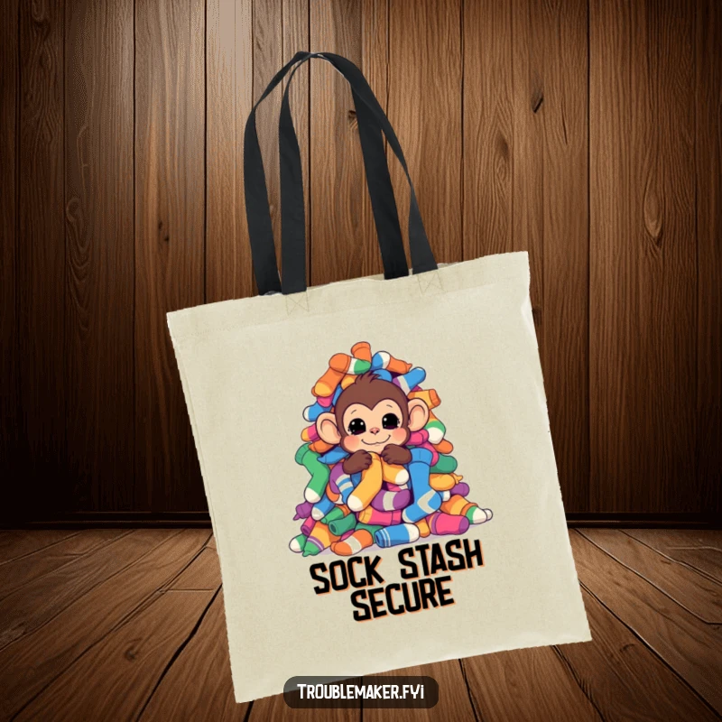 Funny monkey hiding behind a pile of colorful socks on a durable and stylish tote bag.
